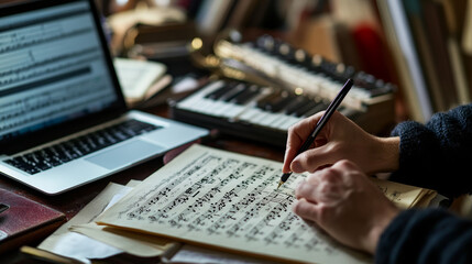 A close-up of a composer’s hand writing notes on a sheet of music, the desk cluttered with musical instruments, books, and a laptop displaying digital notation software