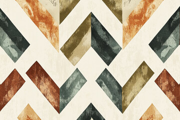 Fototapeta premium Minimalist tribal pattern showcasing chevron and diamond shapes in muted earth tones on a cream background for modern decor