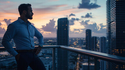 Naklejka premium CEO leaning against a railing on a skyscraper balcony, overlooking the city, new project, photo style