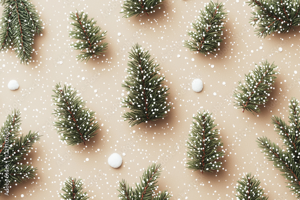 Poster minimalist winter pattern featuring stylized pine trees and snow dots on a soft beige background for