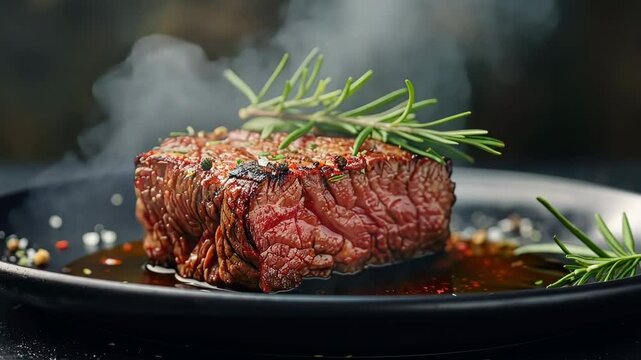 Hot Steamed Steak on a Black Plate on a Dark Background. Grilled Slice of Medium Rare Beef Steak with Smoke. Cooked Juicy Meat Fillet with Pepper and Rosemary. Close-Up, Front View. Menu, Recipe. Meal