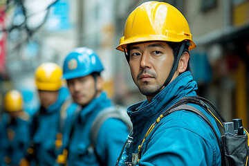 Electricians working high above the ground, repairing power lines under a clear spring sky