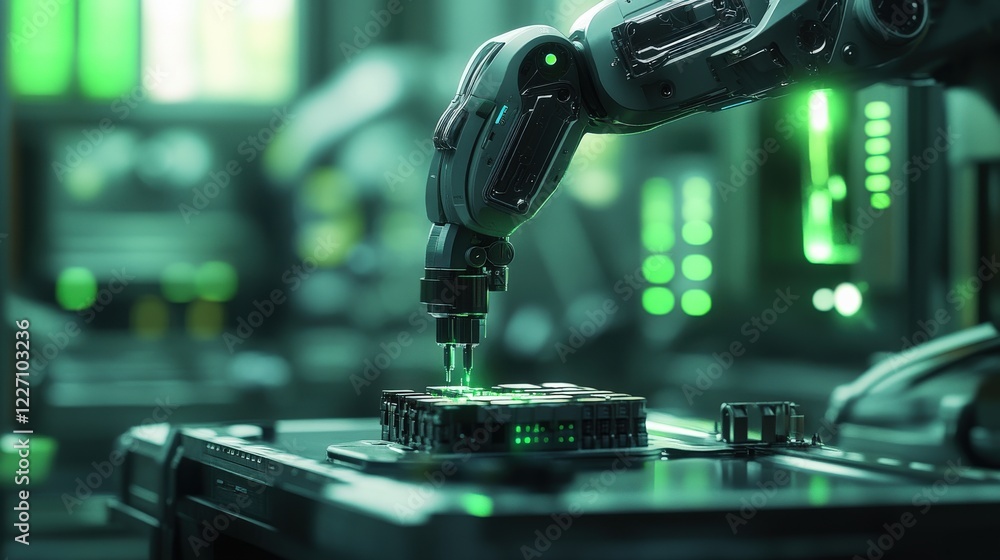 Poster a robotic manipulator with an intricate design expertly grips a component on a workstation