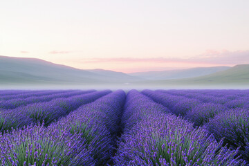 Fototapeta premium Misty morning reveals a tranquil lavender field with rolling hills under a pastel sky
