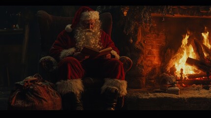 Santa reads by fireplace, Christmas Eve