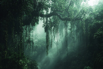 Obraz premium Misty tropical rainforest filled with towering trees and hanging vines on a tranquil morning