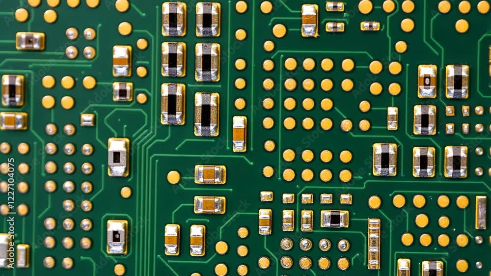 Poster detailed close-up of a circuit board showcasing electronic components arranged on a green substrate 