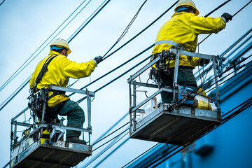 Electricians working high above the ground, repairing power lines under a clear spring sky