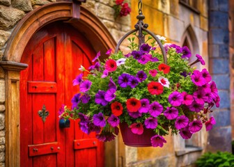 Night blooms: purple, pink, and magenta calibrachoa and petunias cascade from a hanging basket near a red door.