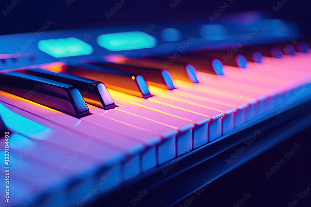 Poster close-up of illuminated midi keyboard glowing keys in dim lighting futuristic and artistic ambiance 