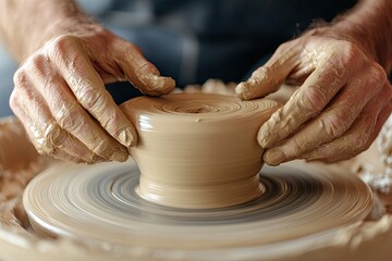 close-up of hands molding clay on pottery wheel