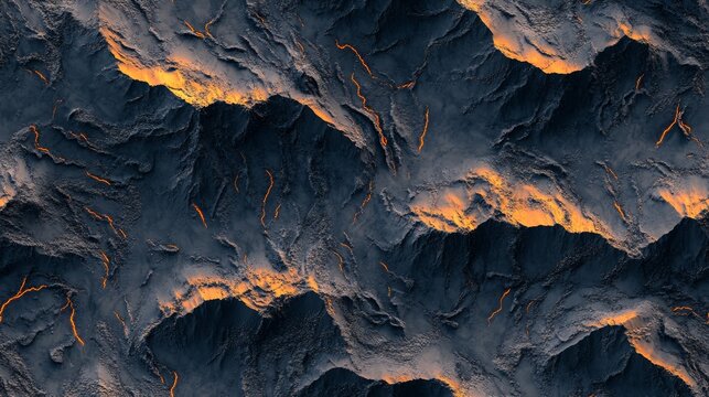 Top-down view of a complex and highly detailed mountain range, dark gray clay with light orange veins. Close up