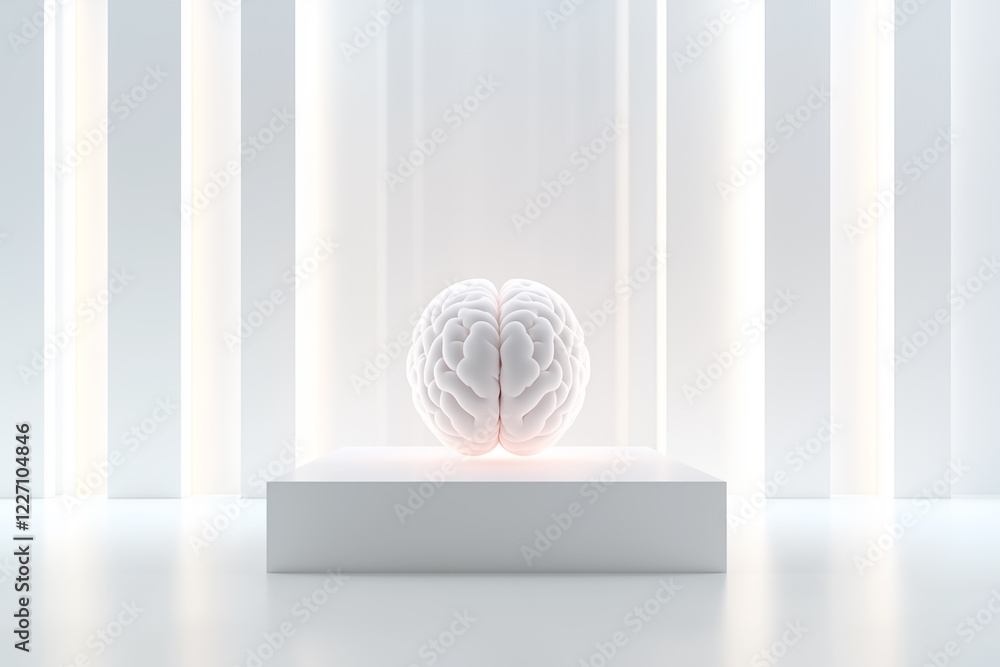 Poster a faintly glowing outline of an ai brain sits centered in a bright white void. soft, minimal lightin