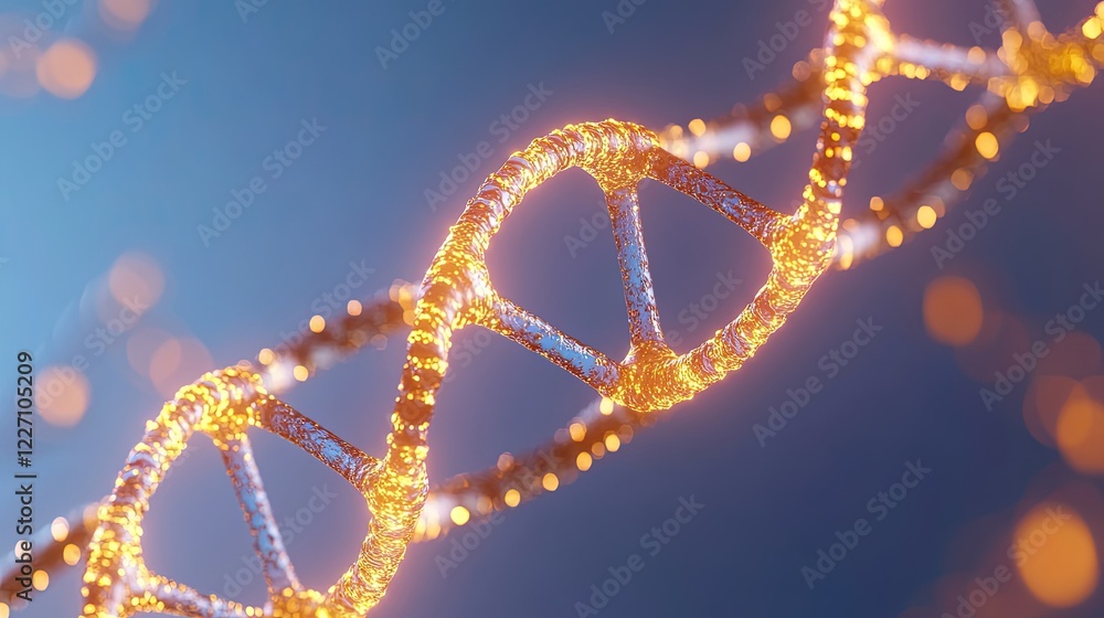 Poster conceptual abstract illustration of genetic engineering featuring dynamic glowing molecules forming 