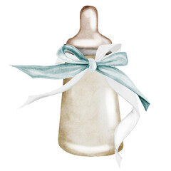 Baby milk bottle watercolor. Hand drawn container for newborn on isolated white background. Clip art of drink vessel with blue bow. Perfect for cards and invitations for baby shower and birth of a