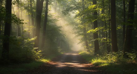 Obraz premium Misty Forest Path Sunrise Sunlight Nature Photography