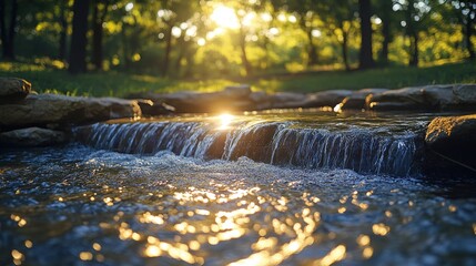 Sunlight filtering through the trees illuminates a small waterfall cascading over rocks in a serene forest setting