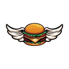 A cartoon burger with chicken wings, playfully serving food in a fast-food deli setting.  Fun, vibrant, and appetizing illustration.