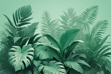 Monstera and Fern Leaves on Soft Mint Background, Nature Illustration