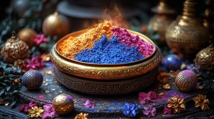 **A creative Holi-themed still life featuring a golden brass plate filled with colorful powders, surrounded by festive decorations.
