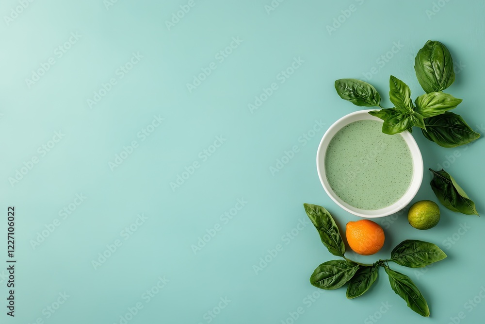 Poster deconstructed smoothie bowl concept with fresh ingredients arranged in circular shape radiating from