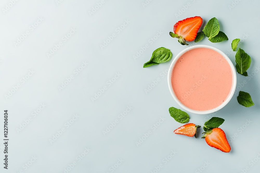 Poster deconstructed smoothie bowl concept with fresh ingredients arranged in circular shape radiating from