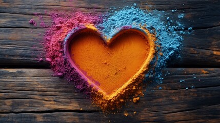 **A decorative Holi greeting with a splash of multicolored powders forming a heart shape on a rustic wooden surface.