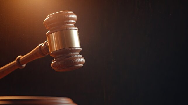 dramatic close-up of auctioneer wooden gavel about to strike signifying final bid with copy space