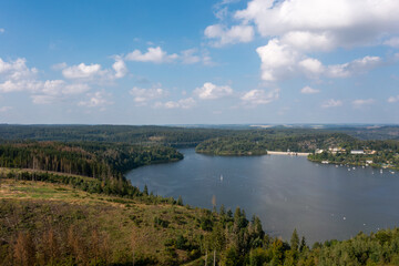 Bleiloch Dam in Thuringia, Germany in summer from the air with SUP