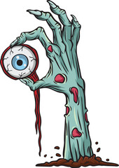 Cartoon zombie hand out of the ground and holding eyeball
