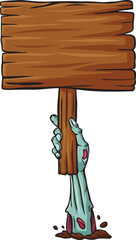 Cartoon zombie's hand holding wooden board