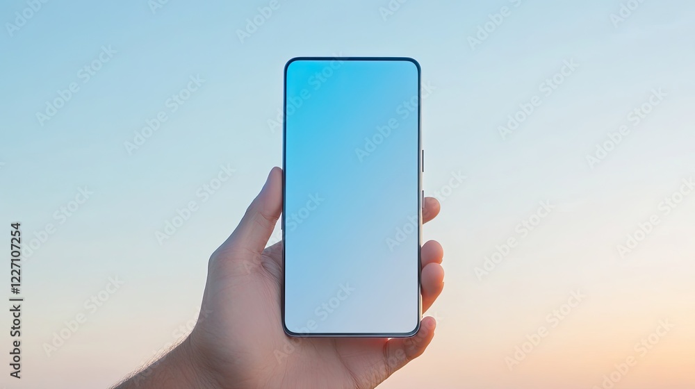 Poster futuristic minimalist smartphone held in hand showcasing large screen with ample copy space reflecti