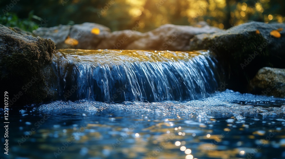 Aufkleber tranquil stream cascading over rocks with sunlight filtering through trees creating a calming natura
