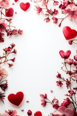Romantic floral frame, hearts, white, spring, background, greeting card