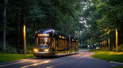 Naklejka premium Modern tram travels through evening park