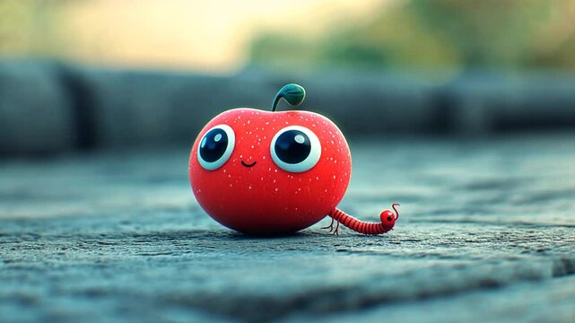 A cute cartoon apple with big eyes and a worm, showcasing playful character design.