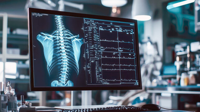 a monitor in a doctor's office shows an x-ray of a spine with a curvature