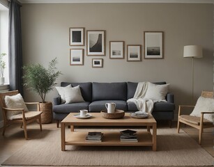 A modern Scandinavian-inspired living room with a grey designer sofa set and photo frames is displayed on the wall 3d interior illustration image.