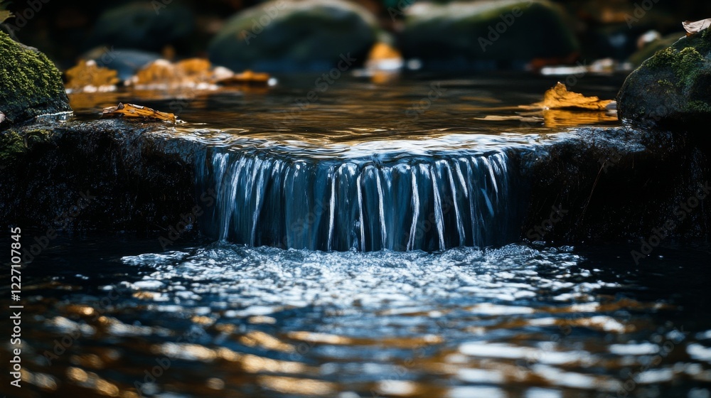 Aufkleber a mesmerizing view of a small waterfall cascading over dark rocks in a serene forest with fallen aut