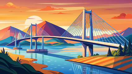 Peljesac Bridge, Croatia. Image of beautiful modern multi-span cable-stayed Peljesac Bridge over the sea in Dubrovnik-Neretva County, Croatia at sunrise