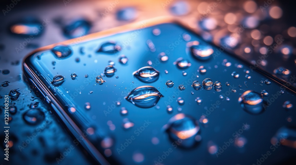 Poster close-up view of a smartphone screen adorned with water droplets reflecting ambient light. the phone