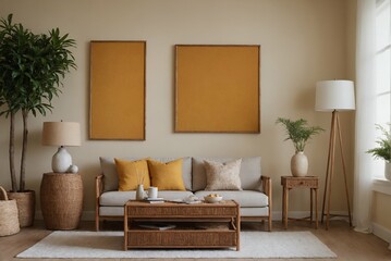 Fototapeta premium A modern Scandinavian-inspired living room with a designer sofa set and photo frames is displayed on the wall 3d interior illustration image.
