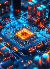 Fototapeta premium Hightech Circuit Board with Glowing Microchip and Blue Connections :