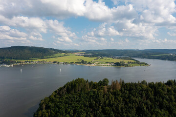 Bleiloch Dam in Thuringia, Germany in summer from the air with SUP