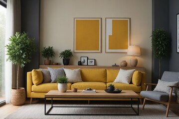 A modern Scandinavian-inspired living room with a yellow designer sofa set and photo frames on the wall 3d interior illustration image.