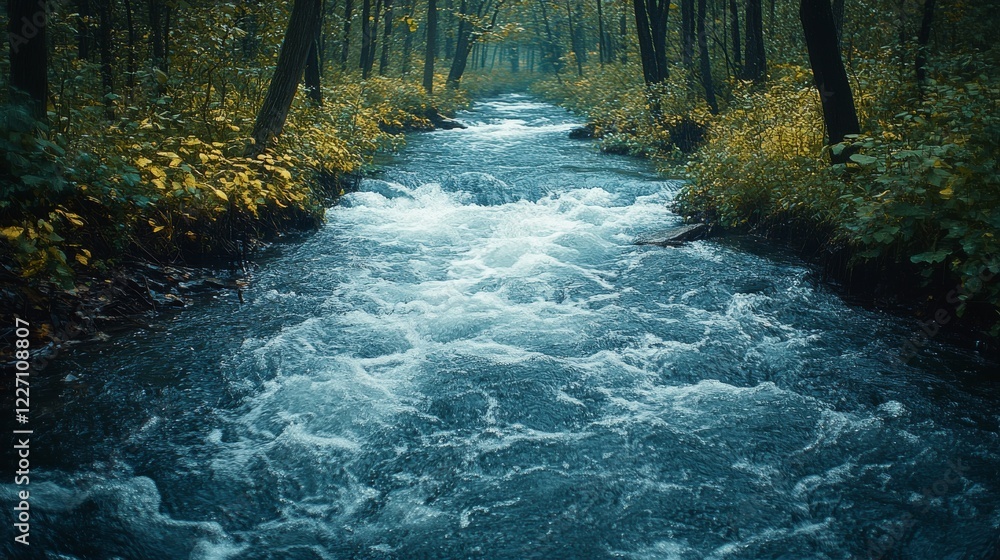 Aufkleber a rushing stream flowing through a dense forest with sunlight filtering through the foliage creating