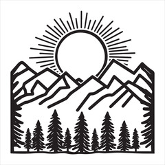 Black-and-white illustration of a mountain range with a line of pine trees in the foreground