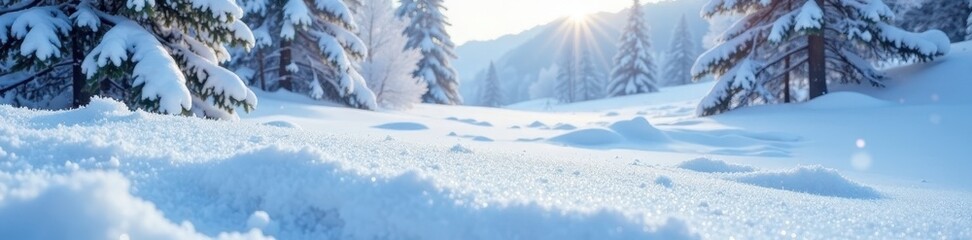 Fresh snow softly falls on undisturbed drifts , holiday, card