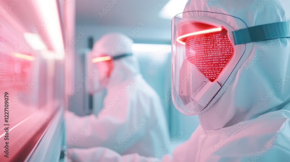 Poster high-tech bioengineering workstation with transparent screens displaying genetic codes sterile and m