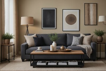 Naklejka premium A modern Scandinavian-inspired living room with a designer sofa set and photo frames is displayed on the wall 3d illustration interior design image.